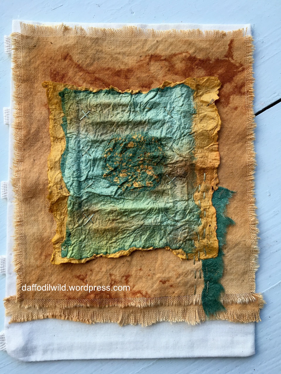 rust dyed fabric and joomchi, textile art